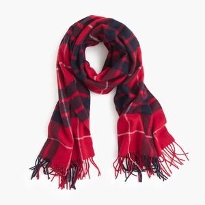 J. Crew Plaid 100% Wool Red Navy Fringe Women's blanket Scarf Red Tartan Stewart